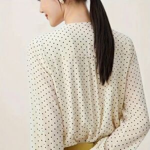 J. Crew 100% Silk Button Up Blouse Frills Polka Dot Cream Black XS Petite 0 00